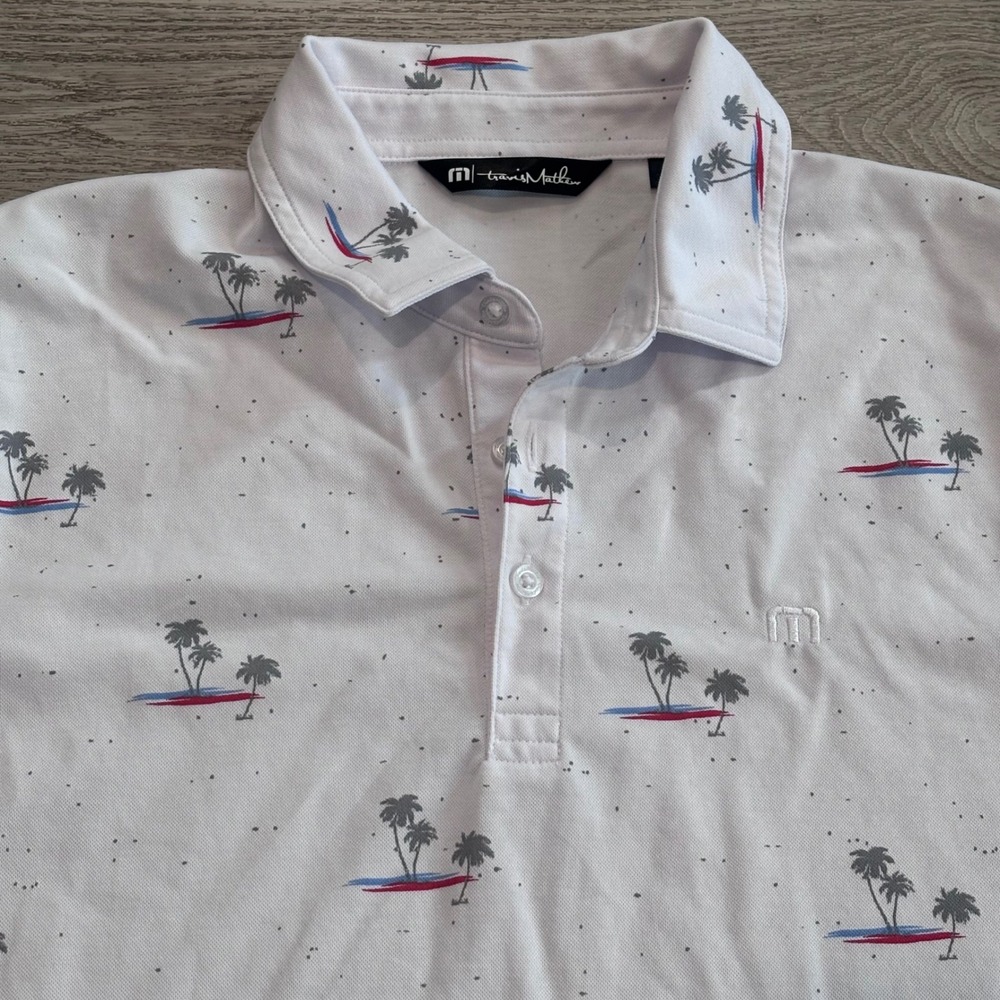 Travis Mathew Polo Shirt Mens Medium White Palm Tree Print Golf Preppy Casual